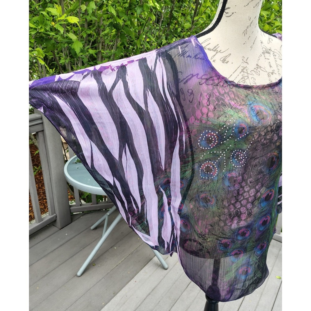 Lavish Womens Sheer Peacock Embellished Boho Top L Butterfly Sleeve Ethereal